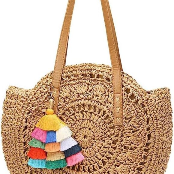 Round Straw Beach Bag Large Woven Purse Tote with Pom Poms for Women - Picture 1 of 7